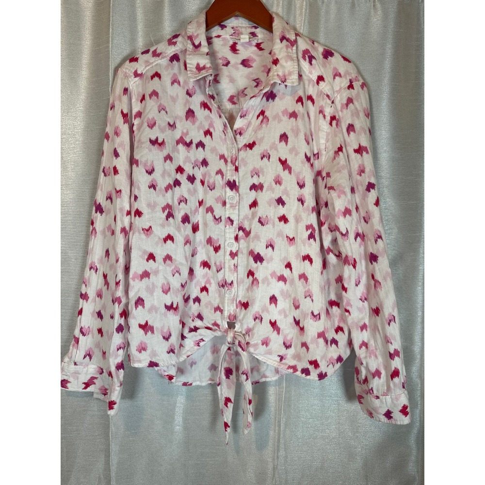Beachlunchlounge Collection White Pink Print Button Up Tie Front Shirt XL